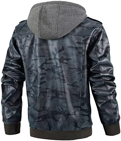 Jaqueta de motocicleta para homens Pu Faux Leather Motorcycle Jacket com capuz removível camuflado casual casaco de bombardeiro