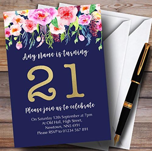 Flores de aquarela azul e rosa 21º convites de festa de aniversário personalizados