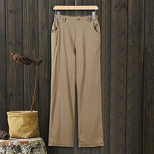 Calças de linho de algodão casual de verão para mulheres calças largas de perna reta Alta cintura longa com bolsos com calças de conforto