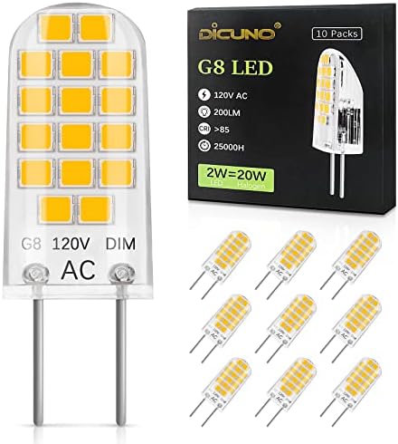 Dicuno G8 LED BULBO DIMMÁVEL, 2W, BLANCE ALIMENTADO 2700K, 120V, T4 LUZES BAS BIMENTES BIL-PIN TIPO TIP