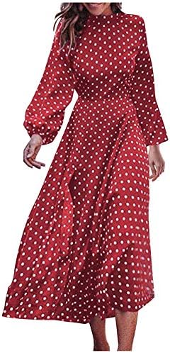 Vestidos femininos moda casual moda de tamanho longo maxi vestido redondo bolinhas de pescoço ponto de manga longa de manga