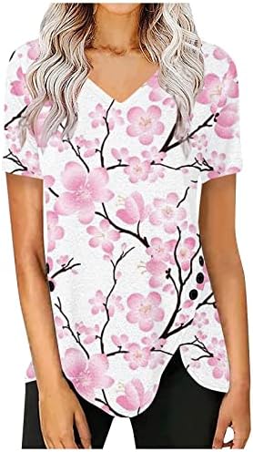 Camiseta da moda para mulheres coloridas túnicas de túnica estampada floral v lenço de mangas curtas de cola de botão