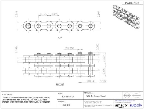 Tsubaki 35-2SSRB ANSI Chain de rolo, fita dupla, rebitada, 304 aço inoxidável, 35 ANSI No., pitch de 3/8 , diâmetro do rolo de 0,200,