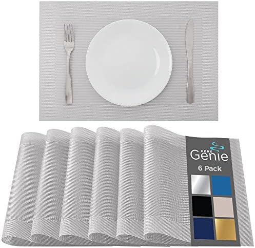 Conjunto de gênio da casa Placemat de 6 proteger os tapetes de jantar resistentes à superfície e de manchas, tapetes de grau de qualidade alimentar, placas de vinil tecidas para cozinha, sala de jantar na sala de jantar acessórios de decoração 18 ”x12” prata