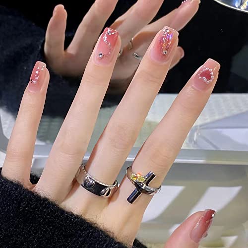 Diduikalor Valentines Pressione as unhas curtas Falsas Unhas Coração com DeSings Gradiente cola rosa nas unhas quadradas acrílico acrílico Falso unhas brilho em unhas unhas estáticas artificiais para mulheres meninas 24pcs