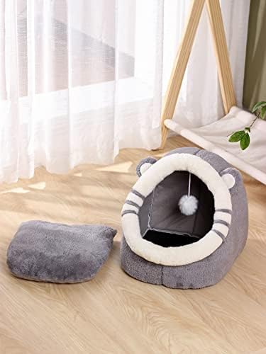 Qwinee gato cama para gatos internos, caverna de cama de gato com almofada de espuma removível, tenda de gato house house urso design gato cabana gato cádico cinza pequeno