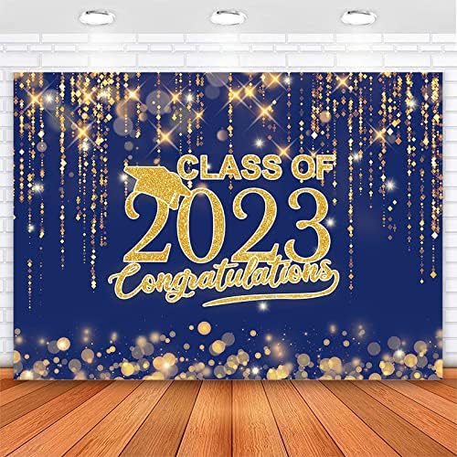 Avezano Classe de 2023 Caso -pano de graduação azul e ouro Bokh Glitter Pontos Parabéns Parabéns Parabéns