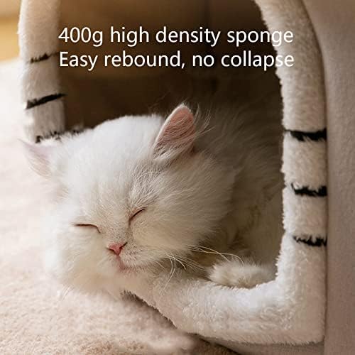 Ninho de gato de cachorro de teto duplo luxuoso com almofada de pelúcia removível, barro de canil de canil calmo dobrável