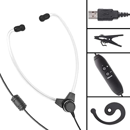ECS USB STETHO Style Audio Transcription Headset com controle de volume e pontas de orelha macia - Inclui clipe de cordão e alça