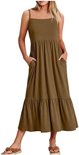 Vestidos de verão hcjkdu para mulheres espaguete de espaguete vestido maxi casual casual com bolsos de lasca de praia em camadas