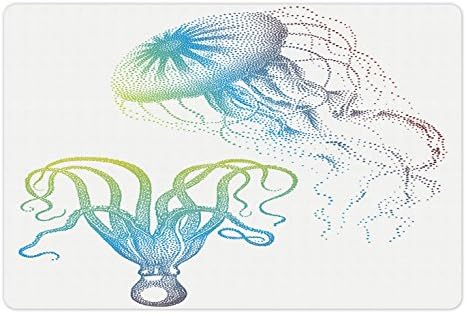 Lunarable Octopus Pet Tapete Para comida e água, polvo e água-viva ilustração de arte temática náutica subaquática marinha marinha,