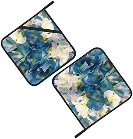 Hydrangea azul branco flor flores floresce pica -pau para cozinhas Conjuntos de cozinha resistentes ao calor 2 pcs time tapete 8 × 8 polegadas para cozinhar e assar