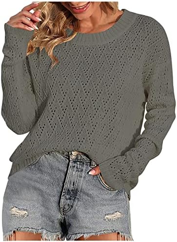 Para mulheres de inverno, outono de manga longa, suéter de pescoço de crochê casual de crochê.