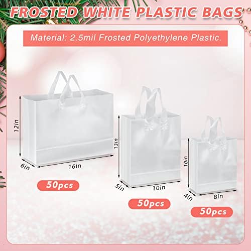 150 peças 3 tamanhos Sacos plásticos brancos com alças, retire sacolas com sacos de papel inferior de papelão com alças de sacolas