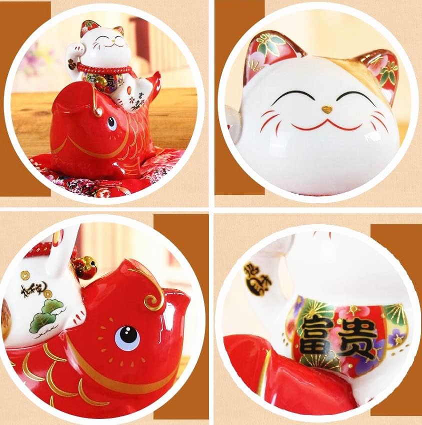 Eatingbiting 7.3 Feng shui fortuna sortudo Maneki neko gato estatueta em dinheiro cerâmica cofrigo dano do banco gato e peixe