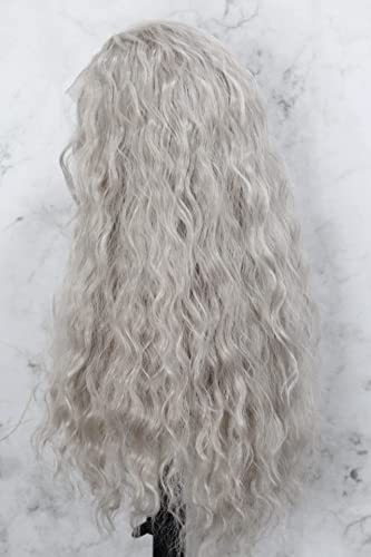 Wowmuse Synthetic Lace Front peruca longa platina loira peruca encaracolada hd renda sintética peruca de alta qualidade fibras resistentes