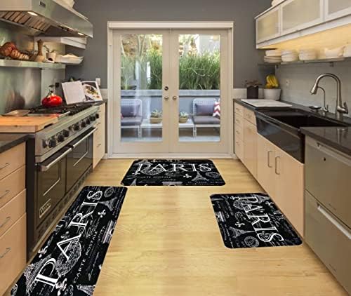 Conjunto de tapete de cozinha de Paris 3 peças Paris Eiffel Tower Black e White Comfort Mat Mat Chef Pia de pia de piso parado tapetes laváveis ​​Anti-fadiga anti-fadiga não deslizamento tapetes de cozinha tapetes