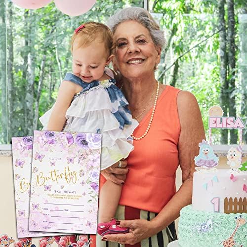Cartões de convites de chá de bebê roxos de borboletas, gênero floral roxo Revelar convite, convites de preenchimento