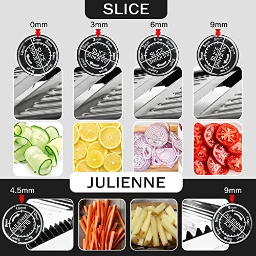 Ilsli Mandoline Slicer para cozinha Ajuste ajustável em aço inoxidável cortador de alimentos tomate de cebola de batata vegetariana com protetor manual | Corto de luva resistente ao descascamento de vegetais e escova de limpeza, lasca preta