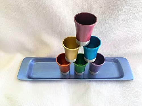 Conjunto emanual Yair de 6 xícaras pequenas de garblets Kiddush com multicolor de alumínio de bandeja
