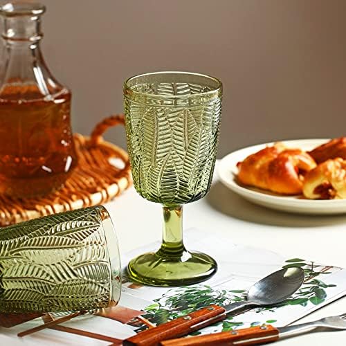 Xycmnv Vintage Green Wine Glass Conjunto-6 Conjunto de peças, 11 onças, padrão floral em relevo não deslizamento, vidro verde, materiais seguros e não tóxicos, variedade de ocasiões, decorativo (verde claro