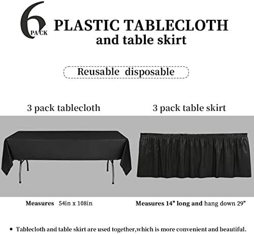 Lokume 6 Pacote de mesa de mesa descartáveis ​​e toalha de mesa, toalha de mesa de plástico preto para mesas de retângulo, tampas de mesa descartáveis ​​para casamento, festa, chá de bebê, ação de graças