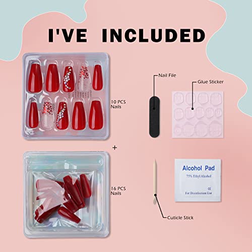 IMRPD Pressione as unhas do caixão médio Red Unhas de luxo com unhas de luxo com cristal acrílico Bling unhas de capa completa brilhante