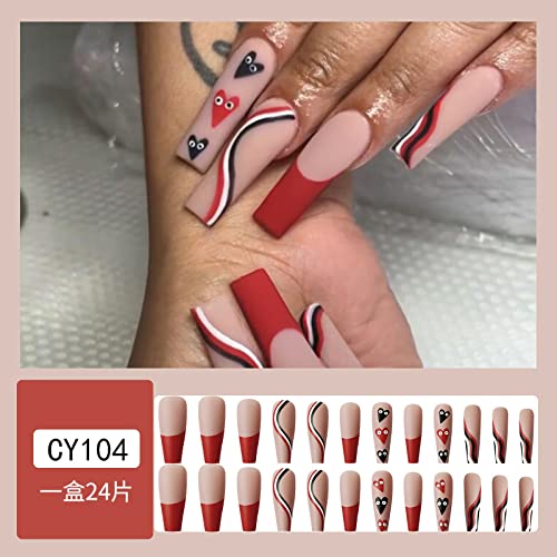 Red Unhas falsas Tip French Tip Press On Unhas Long Coffin Unhas Falsas Red Black Heart Waves Unhas Design capa completa acrílico