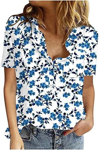 Tops de linho de algodão floral feminino Tops de verão de manga curta Button Up Camisetas de pescoço Plus Tamanho Casual Bloups Loose