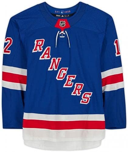 Julien Gauthier New York Rangers Usado 12 Blue Set 2 Jersey usado durante os jogos disputados entre 26 de fevereiro e 30 de março