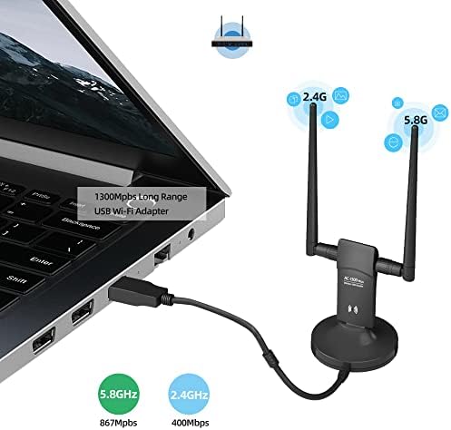 Adaptador de Wi-Fi USB de longo alcance L-link de 1300mbps para PC: laptop de mesa do Windows 11/10/8.1/8/7, Adaptador sem fio