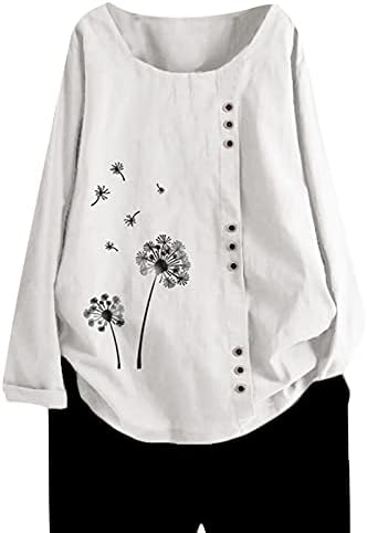 Tampas de linho de algodão para blusas de manga comprida feminina Button Crewneck Butter camise