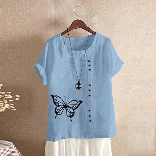 Túnica de linho de verão feminina tops casuais camisas de manga curta Blusa Butterfly Cotton Linen Tshirts Tops de camiseta
