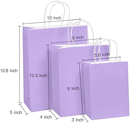 Packanewly Kraft Sacos de papel com alças, 36 PCs Purple leves - sacos de presente ecológicos - tamanhos mistos: