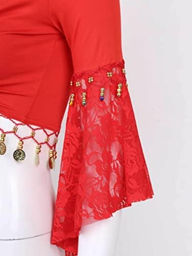 Easyforever Womens Lace Sleeves Slays Knot Shawl Glitter Glitter Bead Basel Belly Dance Top Dancewear