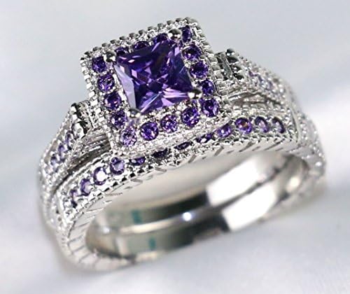 Victoria Jewelry Princess Cut 1Ct Amethyst 10kt White Gold Cheed Feminle's Wedding Ring Sets Band Band Band