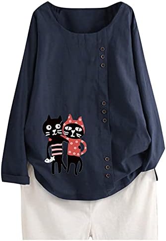 Tampas de linho de algodão para blusas de manga comprida feminina Button Crewneck Butter camise