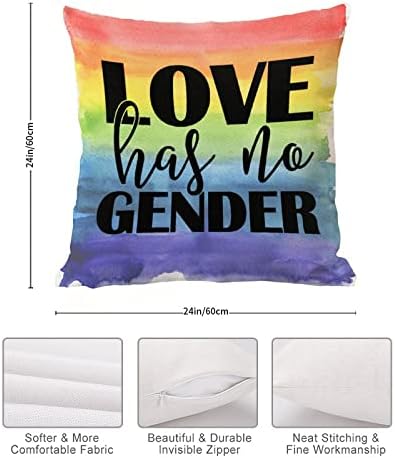 O amor não tem cobertura de travesseiro de gênero na capa do dia dos namorados, lésbica, progresso gay, orgulho arco -íris capa de almofada quadrada decoriva decoração da casa para casa para quarto sofá de sala de estar 24x24in