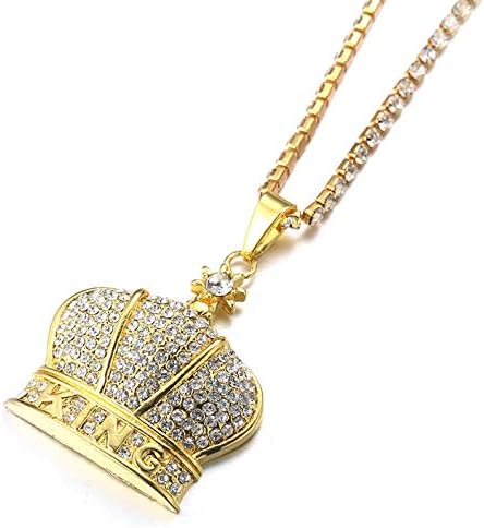 Cadeia de ouro para homens Iced Out, 18K Real Gold Plated/Platinum White Gold Acabamento King Letter Crown Colar Pingente, conjunto