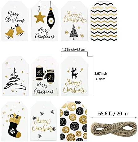 SaktopDeco Christmas White Gold Paper Tags Kraft Paper Holiday Hang Label com barbante de 65 pés para bolsas de doces