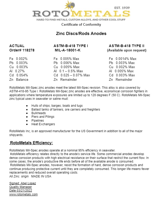 Ânodo de zinco ZSS-24-soldado ou parafuso 2,75 polegadas x 3,5 polegadas x 12 polegadas