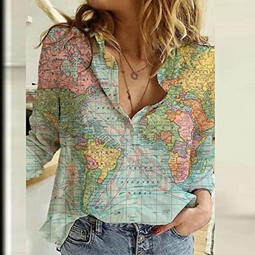 Mapa feminino mapa de impressão gráfica de linho camisas de algodão de manga comprida geometria vintage botões soltos imprimir blusa