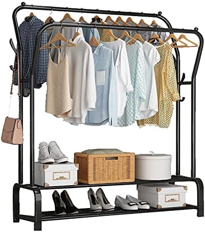 RACO DE RACA DE REQUISTA DE RACO DE ZBYL, RATO DE CLATE DE CLATE DUPLA CAMADA METAL PACHE DE CLATET RACK STAND com prateleiras, Rack de organizador de casaco portátil com rack, 110 × 148cm