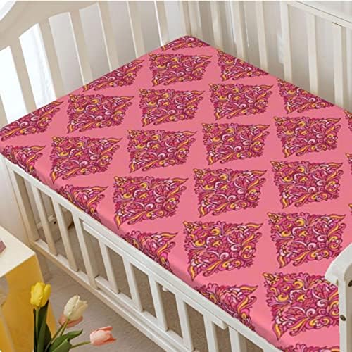 Folha de berço com tema de damasco rosa, colchão de berço padrão folhas de colchão macia de colchão macio folhas de berço de bebê caby para menina ou menino, 28 “x52”, magenta coral amarelo e rosa seca