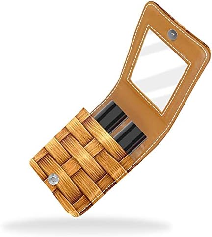 Cesta texturizada de madeira vintage tecendo pequena caixa de batom com espelho para bolsa, suporte de maquiagem cosmética