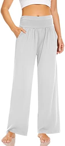 Calça de ioga de perna larga e larga para mulheres de alta cintura de cintura alta calça solta solta com bolsos confortáveis ​​pijamas de lounge palazzo