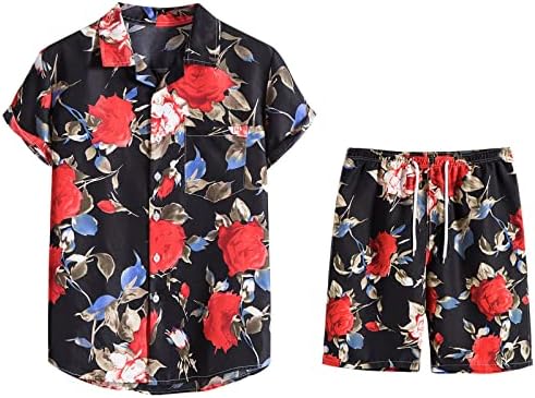Camisa de flores masculina Hawaiian Gets Casual Button Down Cirling and Short Calça Summer Men Men confortável Pijama suave 2 peças