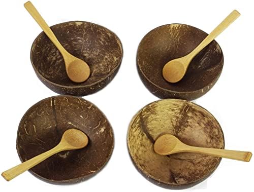 Conjunto de 4 tigelas de coco com colheres de Beegreeny - rústico polido com óleo de coco - feito à mão, vegana, natural, ecológica,