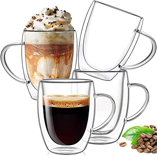 Ulrikco 12 oz de canecas de café de vidro duplo, caneca de vidro de cappuccino transparente de 4, canecas de café com dupla isolamento com alça, caneca de café