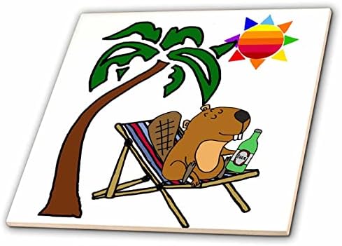 3drose engraçado castor bebendo cerveja na cadeira de praia e sol e palmeira - azulejos